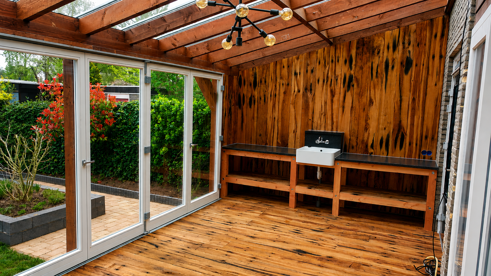 Interieur van een veranda met glazen kap, houten vloer, werkblad en wasbak